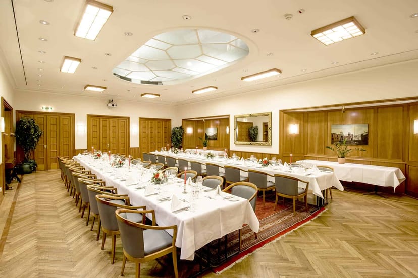 Hamburg banquet hall, wood paneling, award ceremony, executive meeting