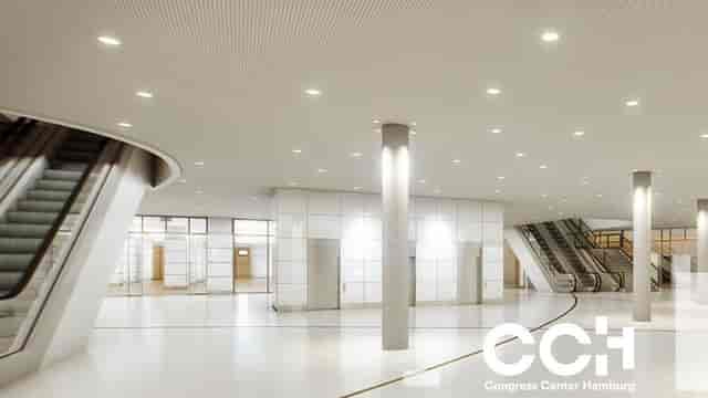 Modern event foyer, CCH Hamburg, escalators, conference, expo