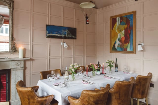 Elegant Pig's Ear private dining room, fireplace, event space