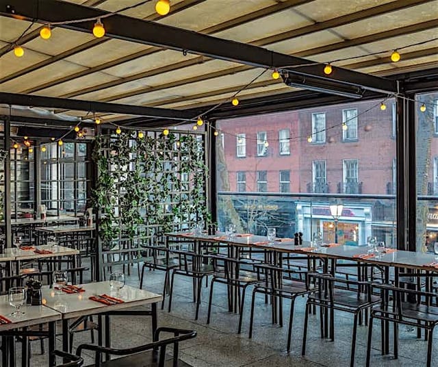 Urban event space, greenery, city backdrop, corporate reception