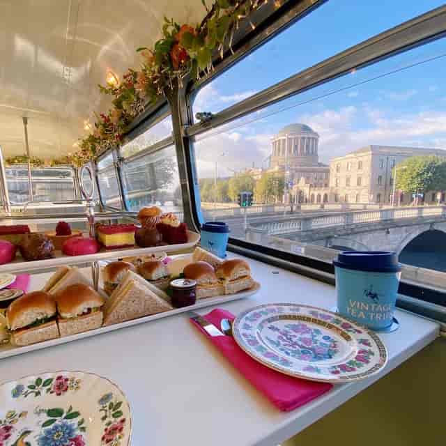 Vintage cafe afternoon tea, mobile event venue, city backdrop