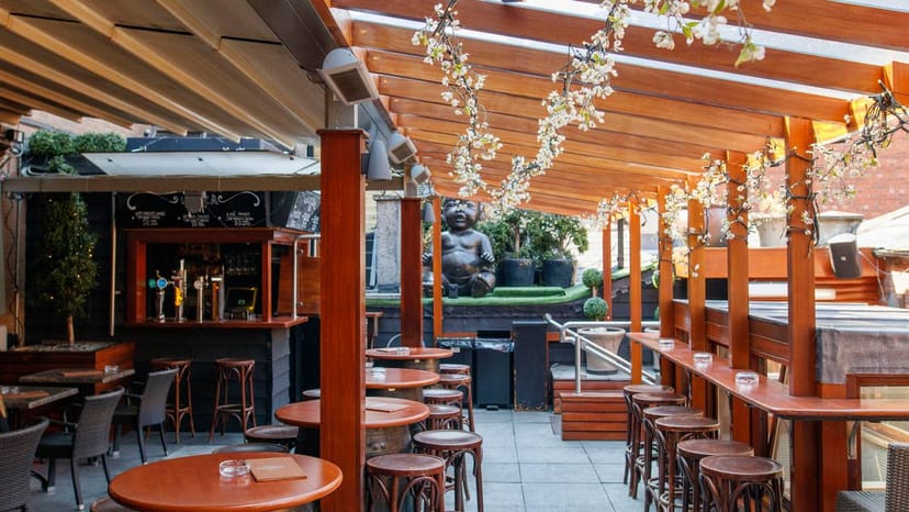 Rooftop terrace event, outdoor bar, corporate mixer