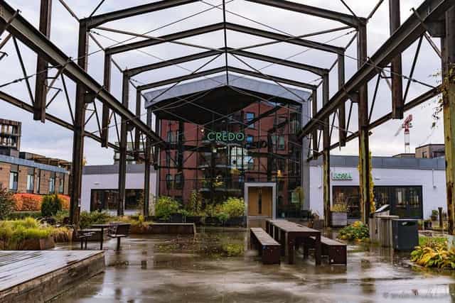Industrial outdoor event space, brick, steel, urban venue