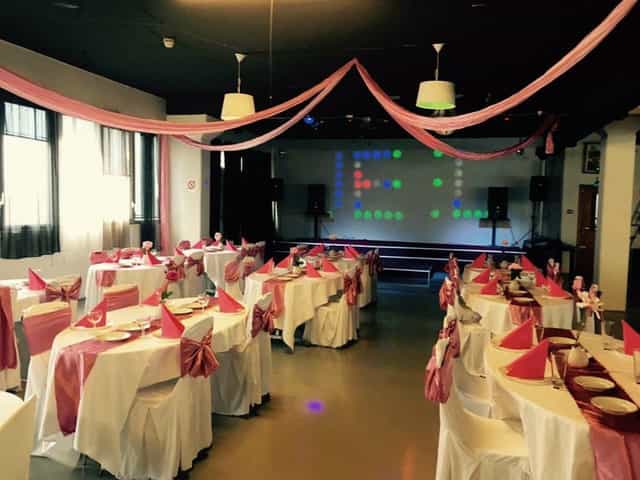 Wedding banquet hall, pink accents, event space