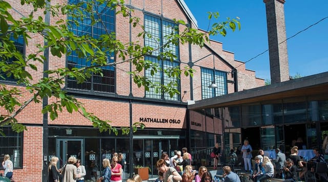 Mathallen Oslo industrial event space, outdoor seating