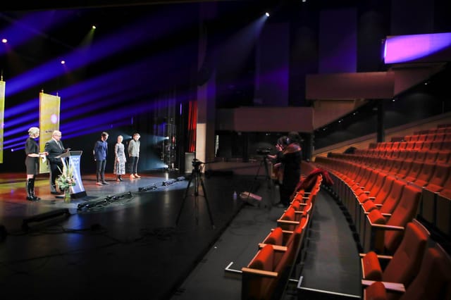 Bærum Kulturhus awards presentation stage, podium, audience, cameras