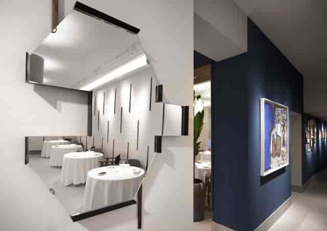 Modern restaurant, angled mirror, corporate event, upscale dining