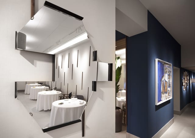 Modern restaurant, angled mirror, corporate event, upscale dining