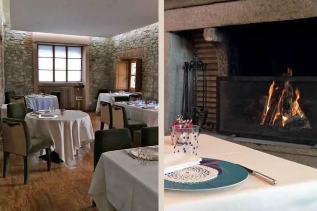 Rustic restaurant, stone fireplace, private dining, event venue