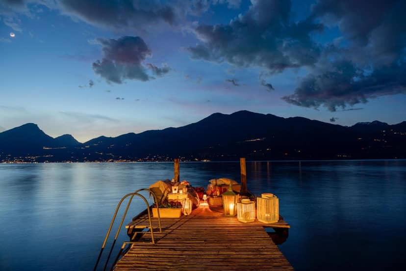 Romantic beach wedding reception dock twilight