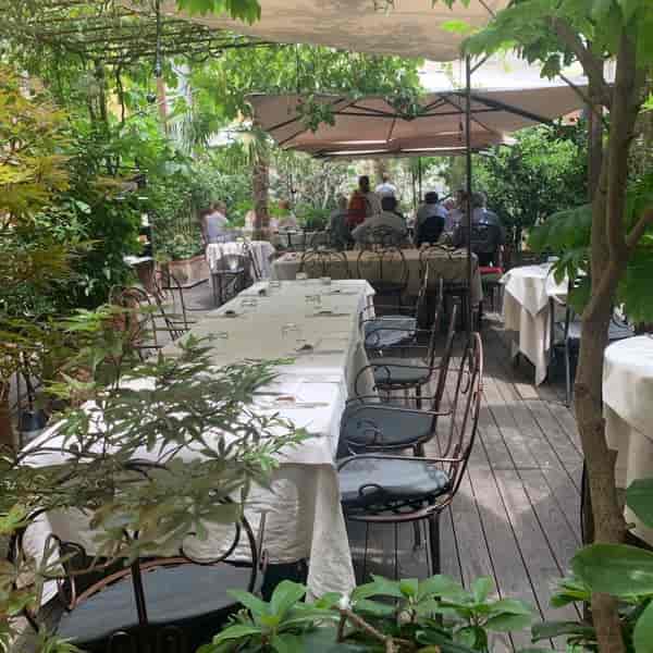Garden luncheon, outdoor event, greenery, elegant, seating