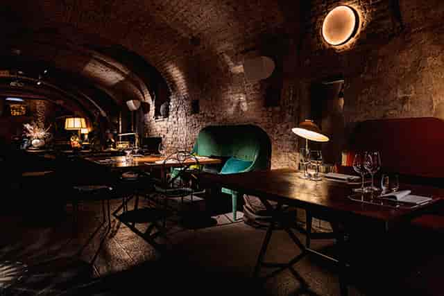 Piemontese Cantina reception: exposed brick, arched ceilings, elegant event space