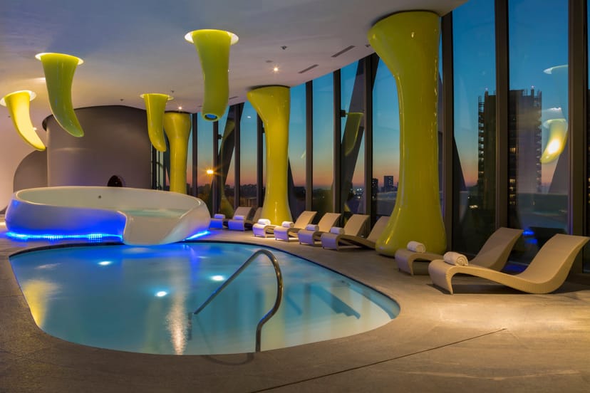 Milan convention center pool, modern architecture, reception, networking