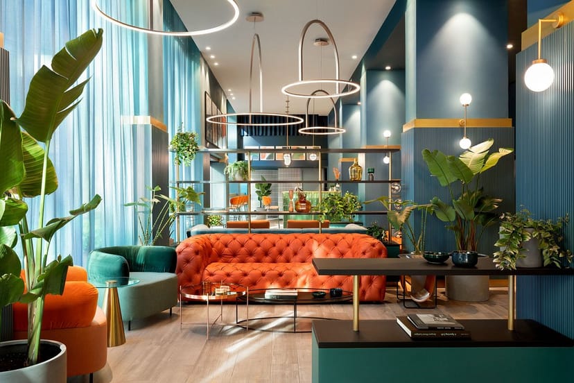 Hotel Lido lobby, modern event space, cocktail reception