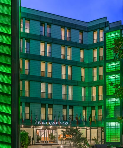 Raffaello Hotel green lights, luxury events venue.