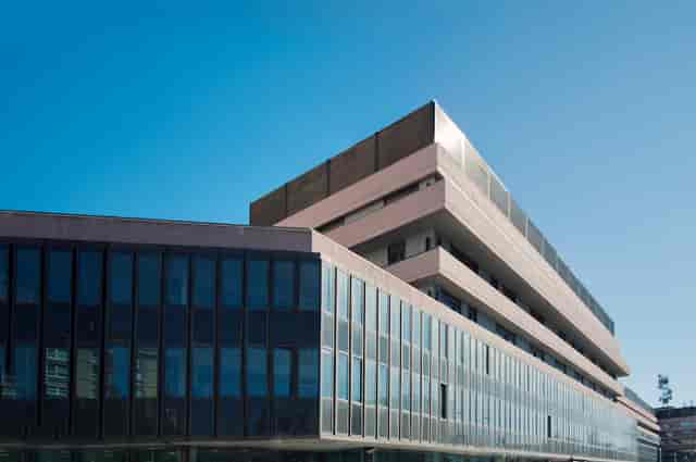 Modern geometric venue, glass facade, conference, exhibition