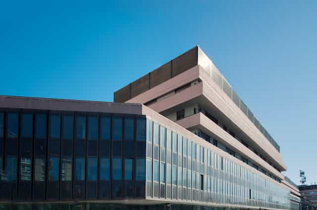 Modern geometric venue, glass facade, conference, exhibition