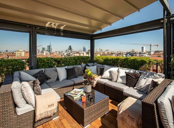 Rooftop bar, Milan, cityscape, cocktail reception