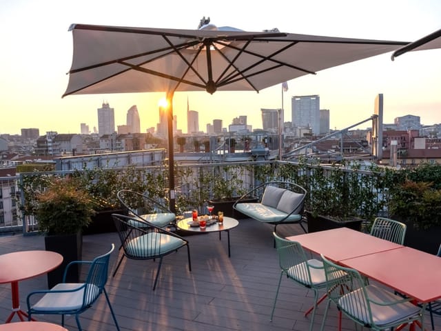Milan rooftop cocktail event, UNAHOTELS Galles, city view