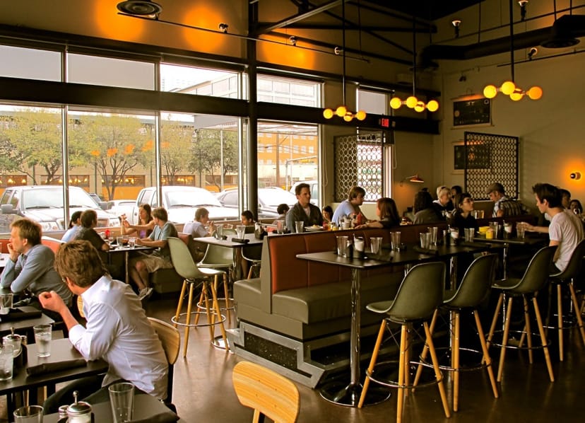 Modern diner event space, bar, corporate lunch, networking.
