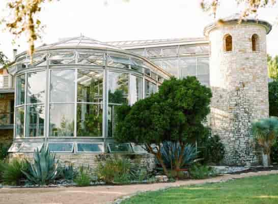 Greenhouse venue, stone tower, intimate event, wedding