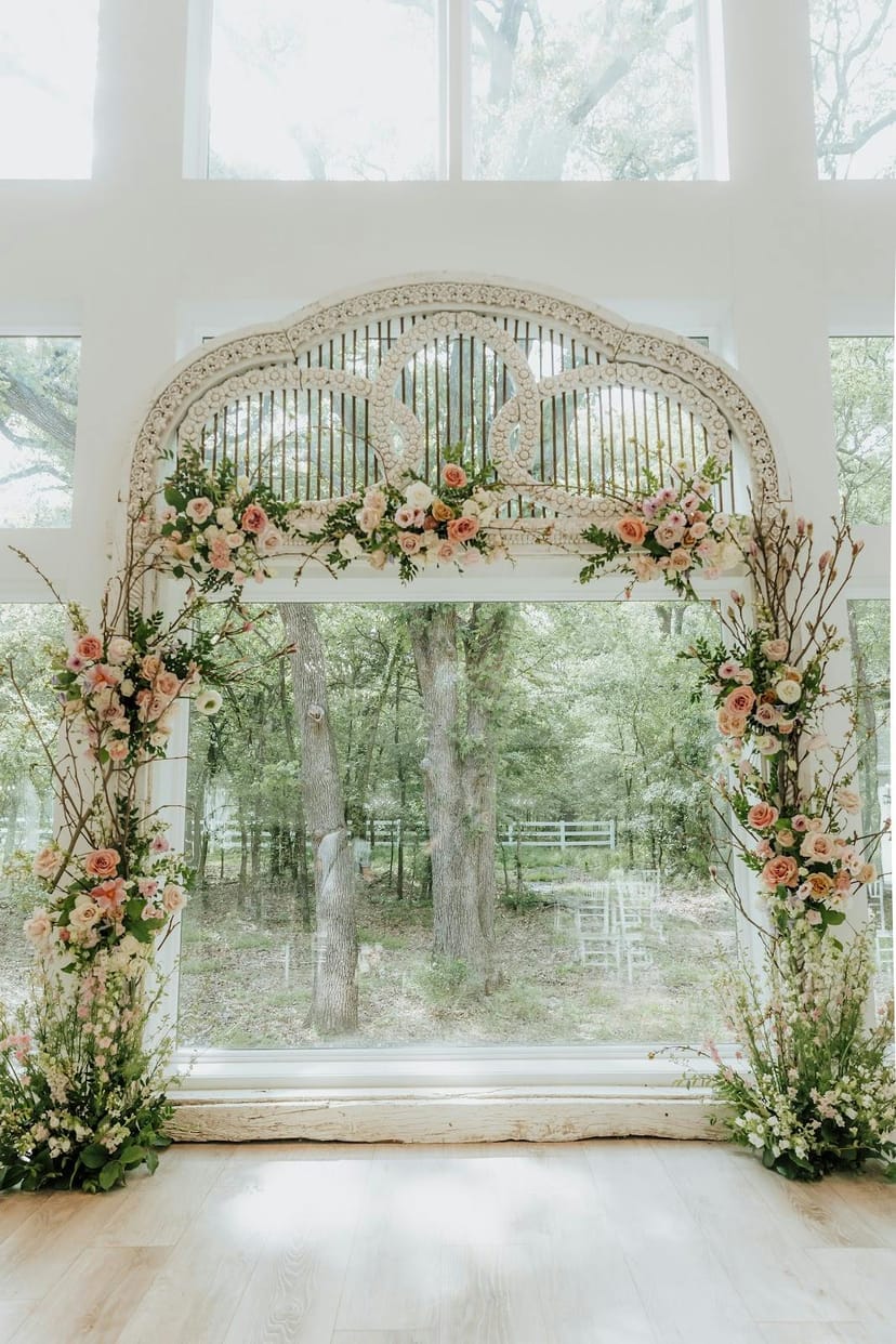 French Farmhouse wedding chapel arch, floral, romantic event