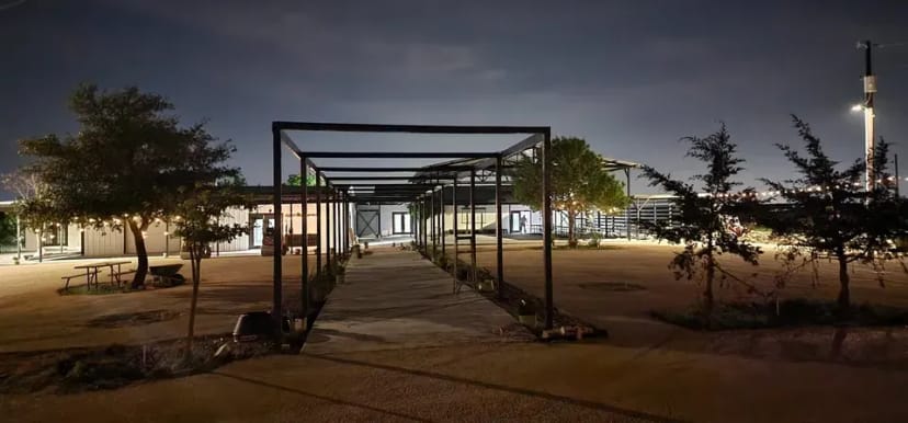 Maha ATX rustic patio event venue, modern pergola, chic reception
