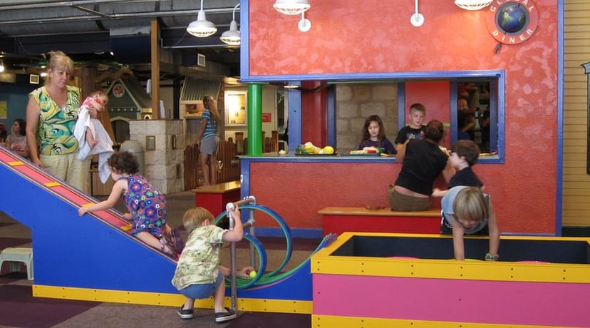 Thinkery child party venue, interactive play zones.