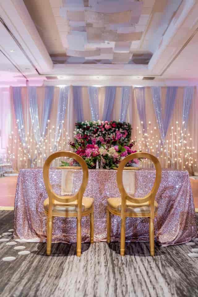 Sequined sweetheart wedding table, Austin ballroom, elegant decor