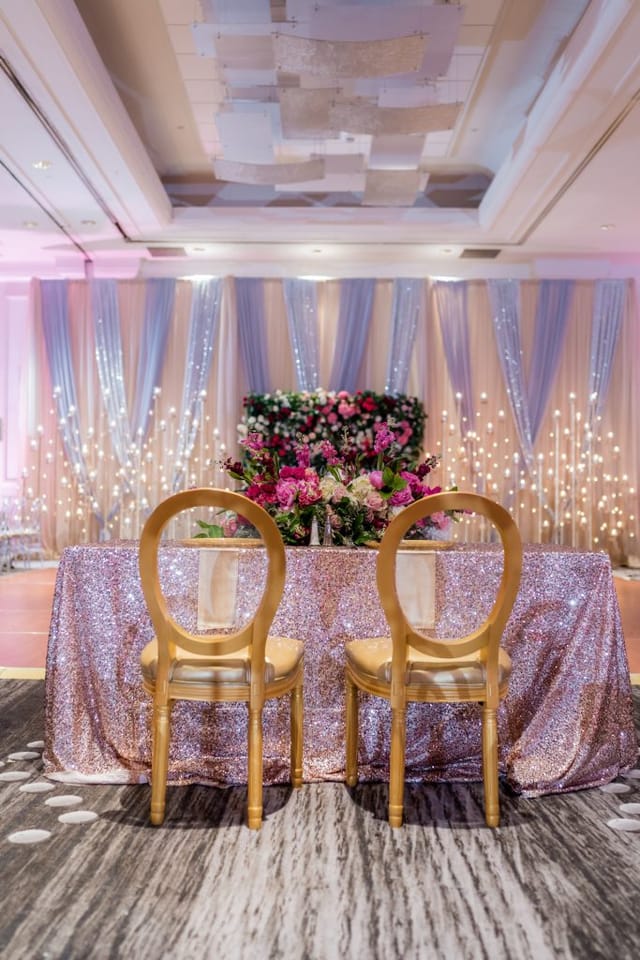 Sequined sweetheart wedding table, Austin ballroom, elegant decor