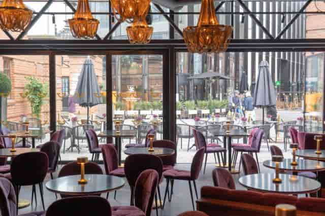 Elegant restaurant event space, cocktail reception, upscale dinner