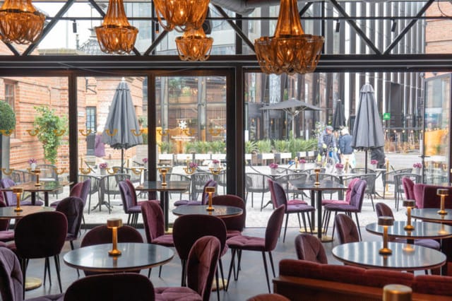 Elegant restaurant event space, cocktail reception, upscale dinner