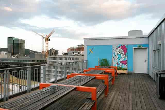 Rooftop terrace, hotel networking event, casual seating