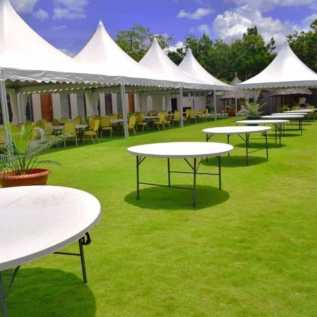 Outdoor cocktail event, garden tents, networking venue