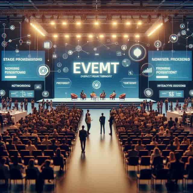 Futuristic banquet hall stage, LED screens, interactive sessions, conference