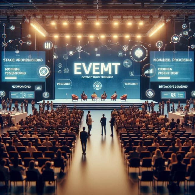 Futuristic banquet hall stage, LED screens, interactive sessions, conference