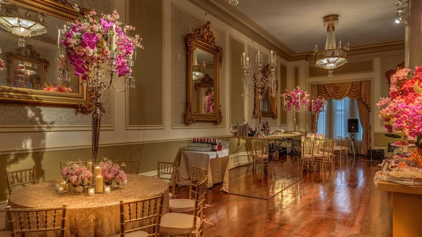 Driskill Maximilian Room ballroom: elegant chandeliers, wedding, gala.