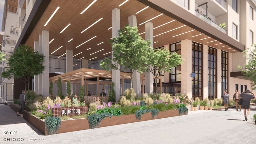 Modern venue patio, Paperboy, outdoor reception