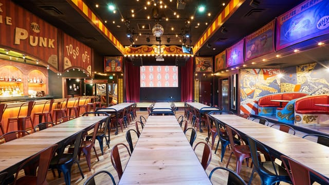 Alamo Drafthouse beer hall event, stage, bar