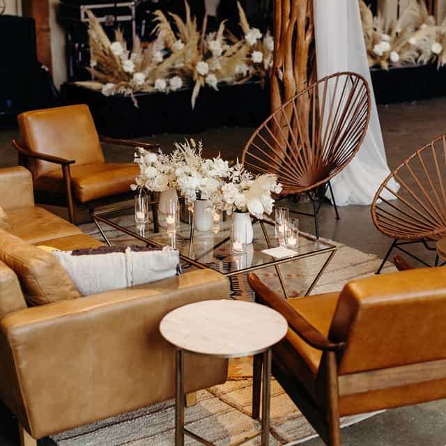 Moontower party lounge, leather seating, networking cocktail event