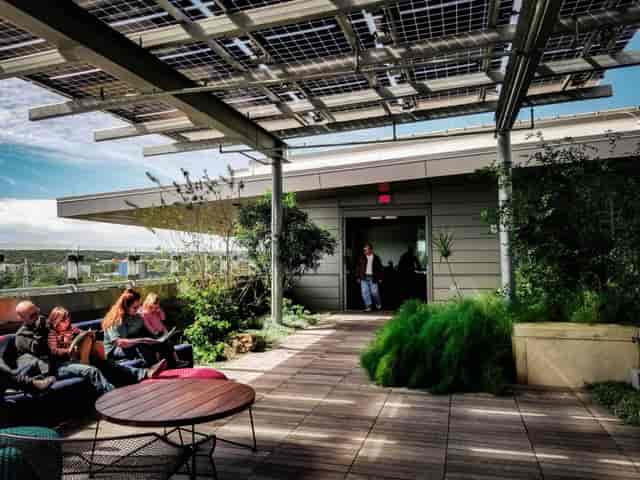 Austin Library rooftop garden event, solar panels