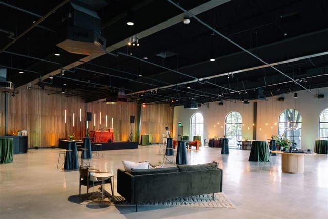 Main Hall event venue, industrial, wood, presentation, reception