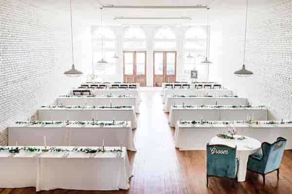 Loft wedding reception, high ceilings, natural light, banquet, gala