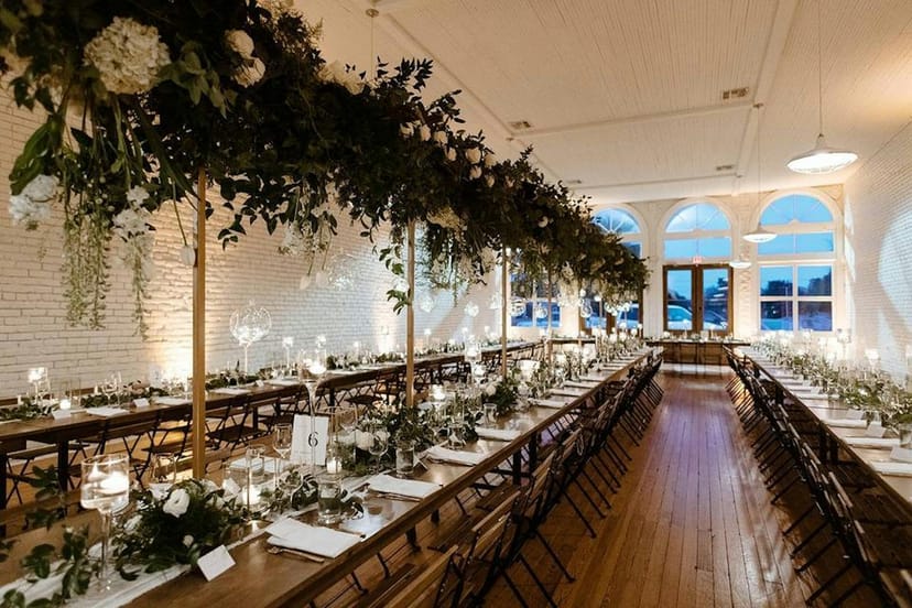 Elegant banquet reception, natural light, floral decor