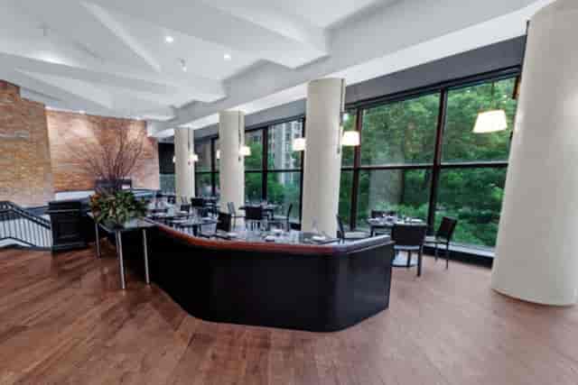 Vista della Piazza event, wood floor, brick accent
