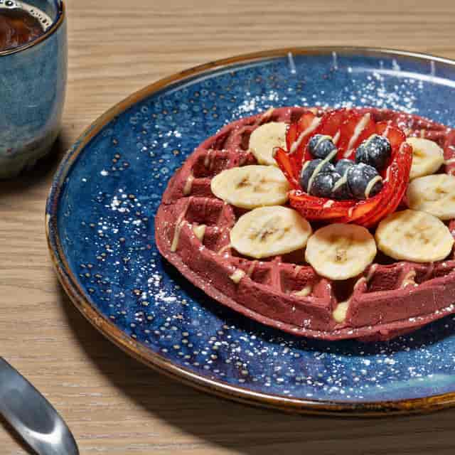 Red velvet waffle, The Strat, breakfast event, social media