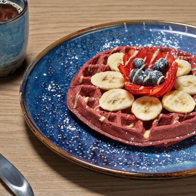 Red velvet waffle, The Strat, breakfast event, social media
