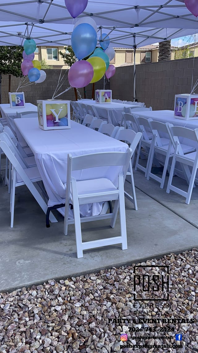 Baby shower tables, white linens, casual event rentals
