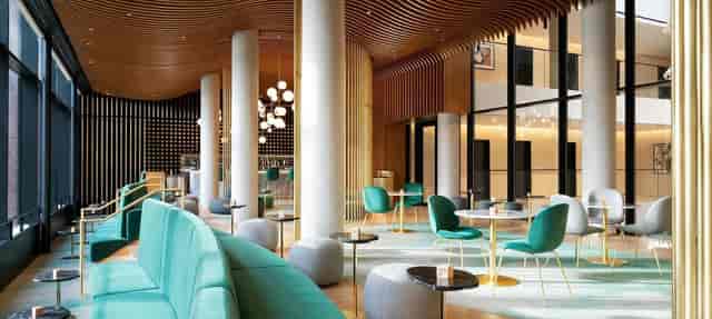 Modern lobby at Hithe + Seek, ideal for networking events and casual meetings.