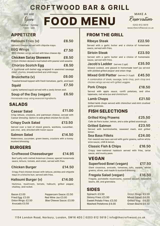 Croftwood Bar & Grill menu, event dining, vegan options